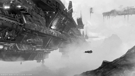 Futuristic sci-fi spaceship hovers over a foggy landscape, rendered in HD for a dramatic PC desktop wallpaper and background.