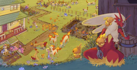 Miltank (Pokémon) Mareep (Pokémon) Marill (Pokémon) Ponyta (Pokémon) Torchic (Pokemon) Tepig (Pokémon) Herdier (Pokémon) Combusken (Pokémon) Blaziken (Pokémon) farm video game Pokemon HD Desktop Wallpaper | Background Image