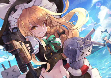 HD anime crossover wallpaper: Touhou's Marisa Kirisame with braided blonde hair and Kantai Collection's Rensouhou-chan ship turret, Cirno hovering over a sunlit ocean under a bright blue sky