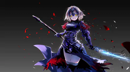 Jeanne d'Arc Alter from Fate/Grand Order, depicted with short white hair, yellow eyes, dark armor, wielding a lance and sword in a dynamic 4K ultra HD anime wallpaper.