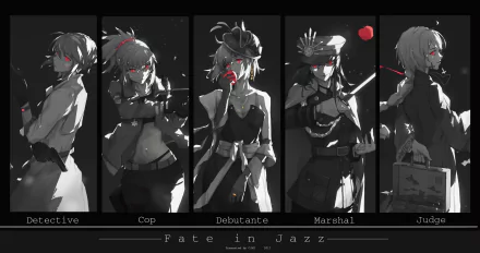A high-definition desktop wallpaper featuring characters from Fate/Grand Order, depicting Detective, Cop, Debutante, Marshal, and Judge in a jazz-themed noir style.
