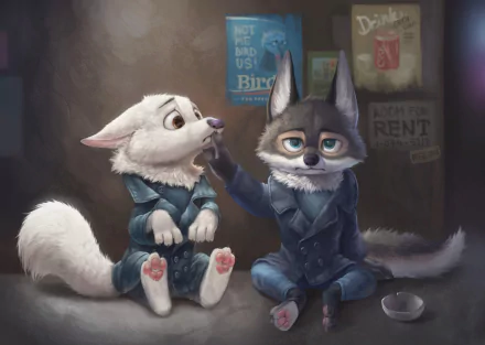 HD desktop wallpaper of two anthropomorphic characters from the movie Zootopia, featuring a white fox and a gray fox in a cozy, nighttime setting, adding a touch of charm and warmth to your screen.