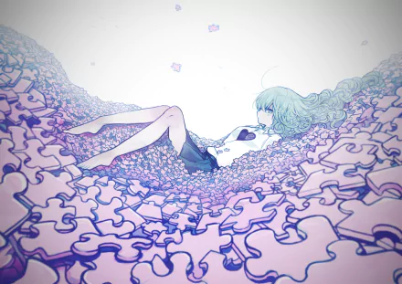 Anime original: long pink-haired girl in a skirt reclines atop a sea of pastel puzzle pieces, dreamy HD PC desktop wallpaper background.