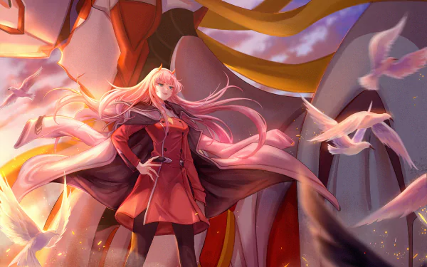 HD desktop wallpaper featuring Zero Two from the anime Darling in the FranXX, standing confidently with flowing pink hair, surrounded by white birds against a vibrant backdrop.