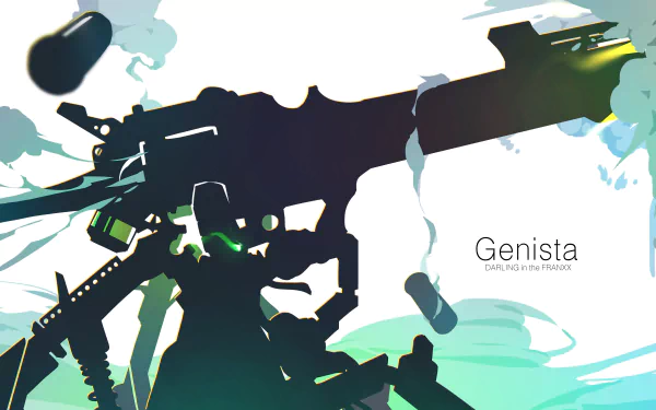 HD desktop wallpaper featuring a robotic figure wielding a large weapon amidst swirling smoke, inspired by the anime Darling in the FranXX. Text reads “Genista” against a light background.