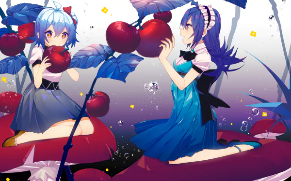 HD anime desktop wallpaper featuring two characters interacting with oversized berries, styled in vibrant colors and inspired by Bili Bili Douga aesthetics.