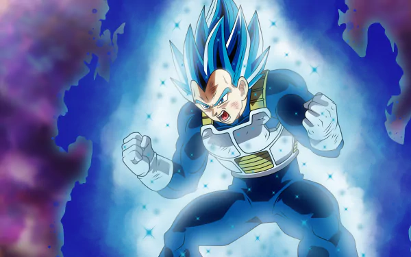 HD wallpaper featuring Vegeta from Dragon Ball Super, an anime series. Vegeta appears in his powered-up form with blue hair, surrounded by an intense aura against a vibrant background.