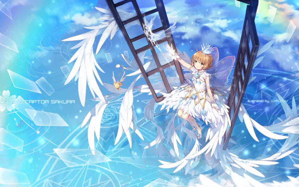 HD PC desktop wallpaper featuring Sakura Kinomoto from the anime Cardcaptor Sakura, surrounded by ethereal blue skies and magical, feathered wings.