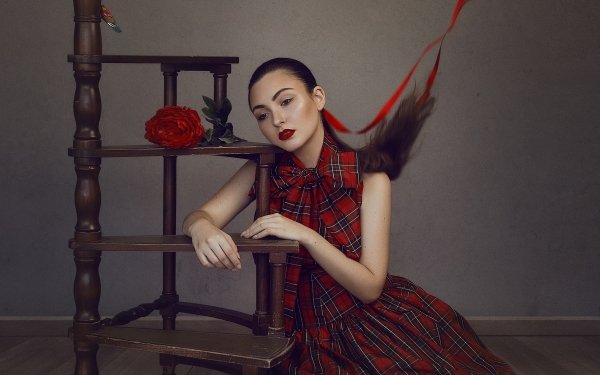 Women Model Brunette Brown Eyes Lipstick Dress Red Flower HD Wallpaper | Background Image