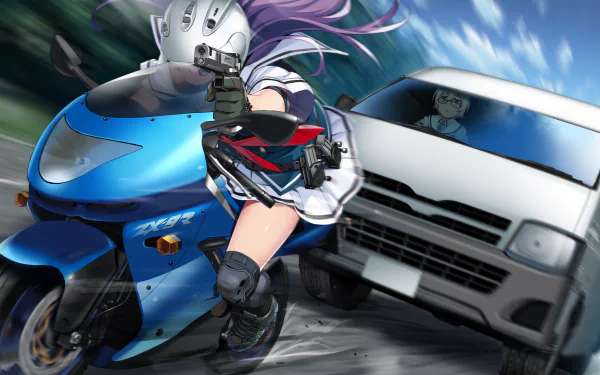 Grisaia: Phantom Trigger anime 2K Quad HD PC desktop wallpaper and background — purple-haired heroine fires a handgun from a blue sportbike as a white car chases her on a blurred road.