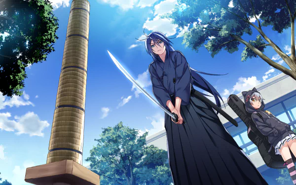 Anime scene from Grisaia: Phantom Trigger — two characters outdoors under blue sky; one in hakama holding a drawn katana. 2K Quad HD PC desktop wallpaper/background.