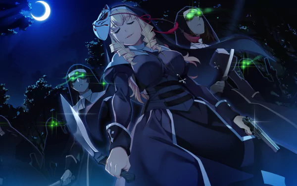 HD PC desktop wallpaper featuring anime characters from Grisaia: Phantom Trigger in a nighttime forest scene with glowing night vision goggles and a crescent moon overhead.