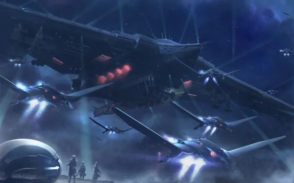 HD desktop wallpaper featuring a sci-fi cyberpunk scene with futuristic aircraft and a massive spaceship amidst glowing lights and smoke, creating an intense atmosphere.