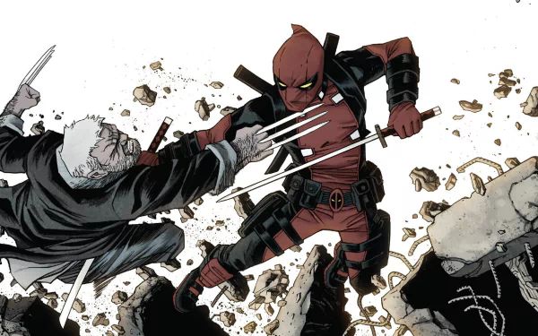 HD PC desktop wallpaper featuring an intense comic-style battle between Old Man Logan and Deadpool, showcasing Wolverine’s iconic claws and dynamic action.
