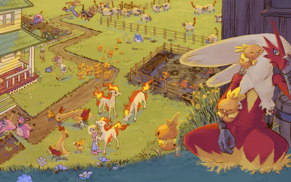HD PC desktop wallpaper featuring Pokémon like Miltank, Mareep, Marill, Ponyta, Torchic, Tepig, Herdier, Combusken, and Blaziken on a vibrant farm.