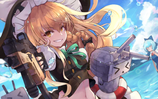 HD anime crossover wallpaper: Touhou's Marisa Kirisame with braided blonde hair and Kantai Collection's Rensouhou-chan ship turret, Cirno hovering over a sunlit ocean under a bright blue sky