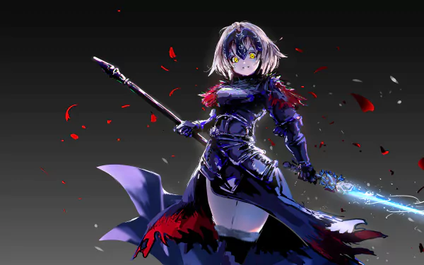 Jeanne d'Arc Alter from Fate/Grand Order, depicted with short white hair, yellow eyes, dark armor, wielding a lance and sword in a dynamic 4K ultra HD anime wallpaper.