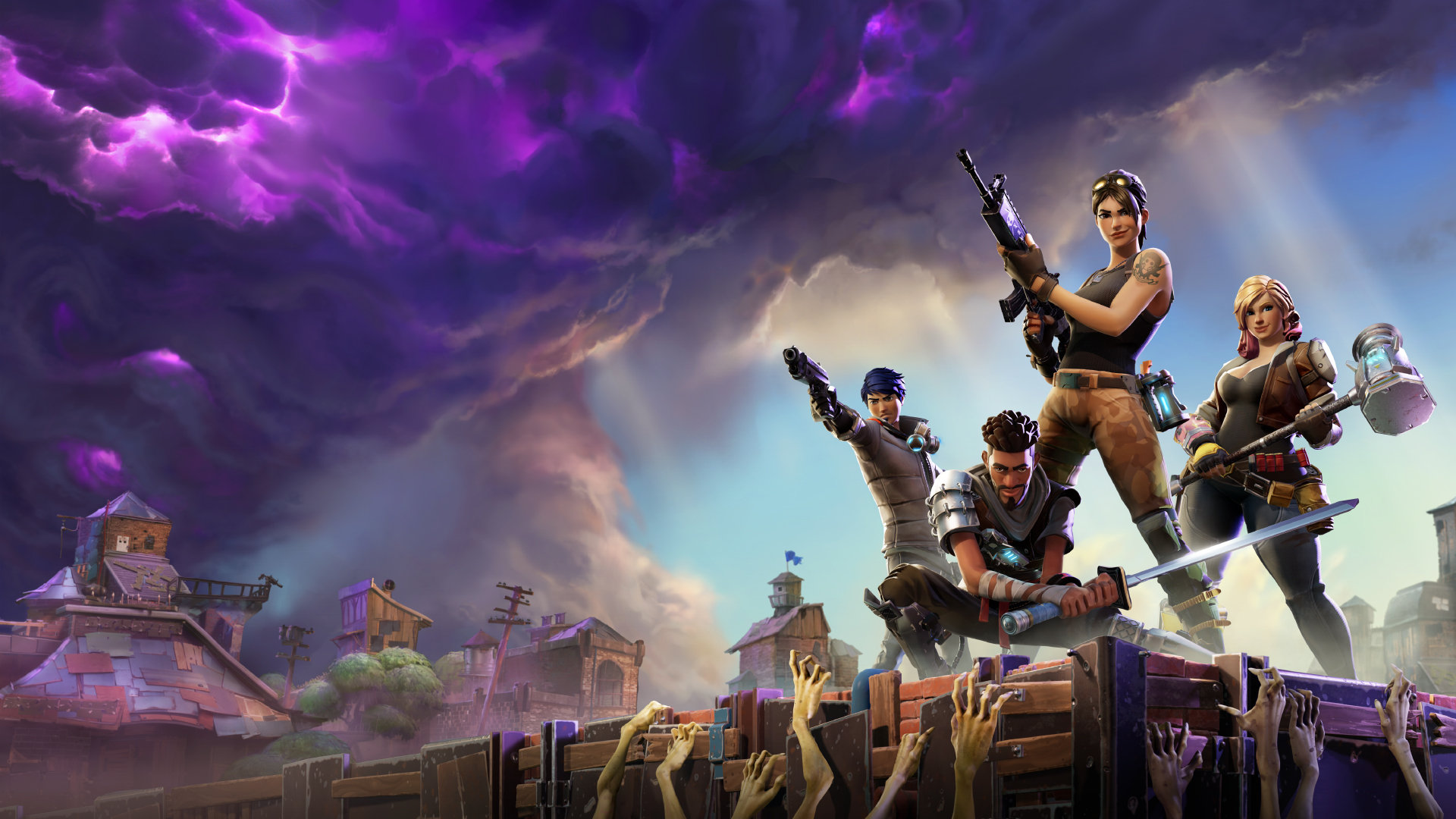 HD desktop wallpaper of Fortnite featuring characters armed and ready for battle against a backdrop of stormy skies and wooden fortresses.