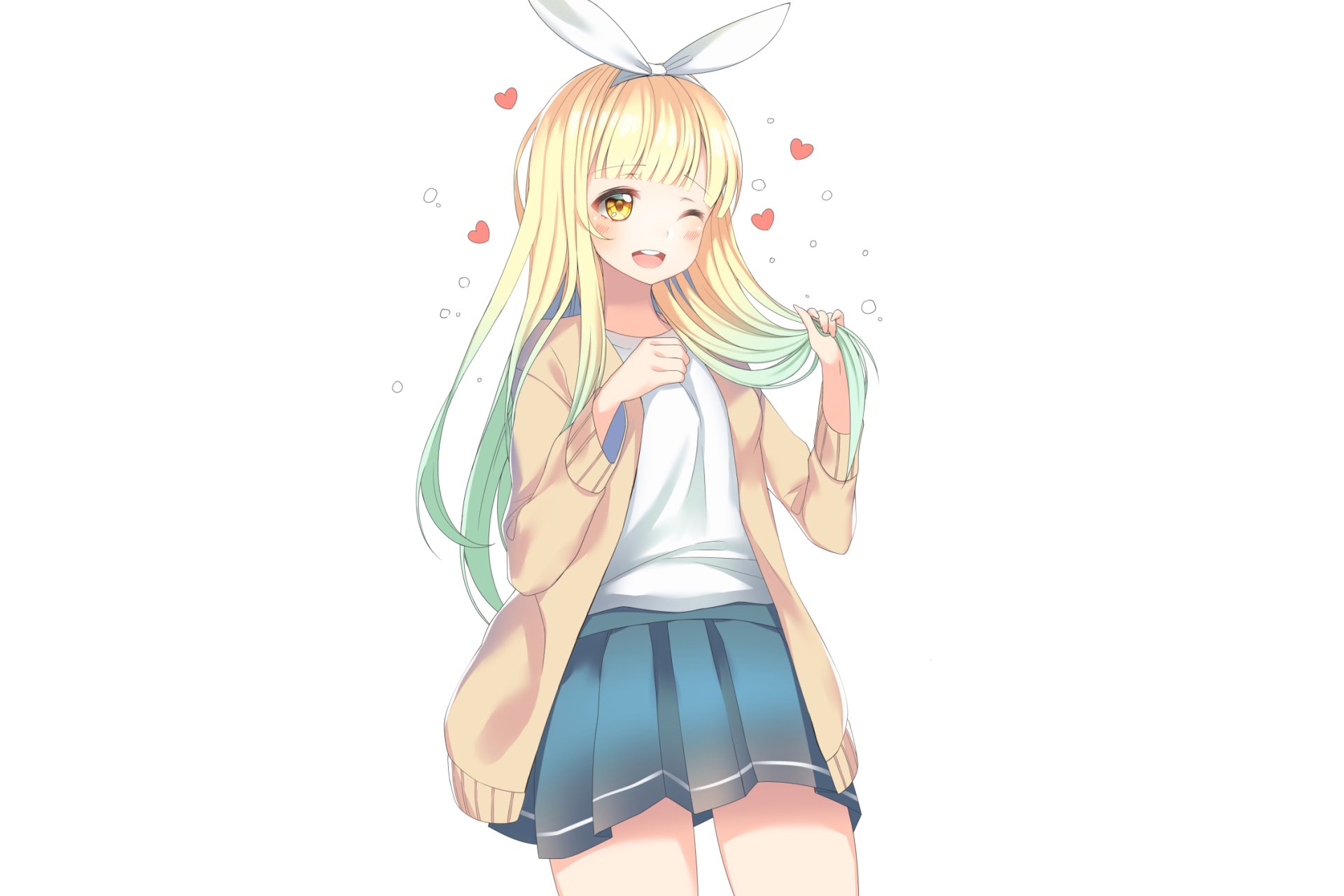 HD anime original artwork of a smiling girl with long blonde and green hair, wearing a beige cardigan and blue skirt, designed as a PC desktop wallpaper background.
