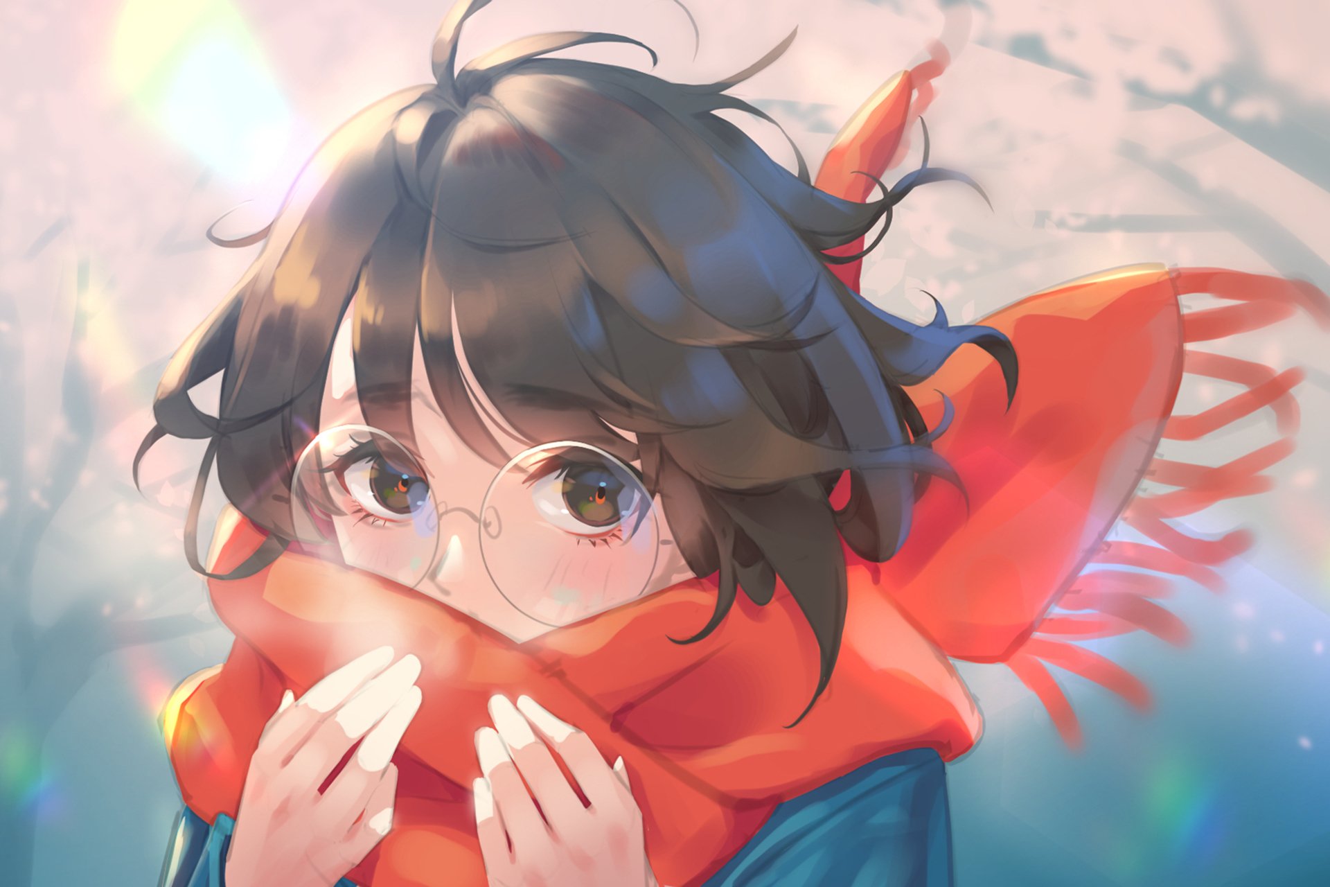 Anime original HD PC desktop wallpaper and background: shy dark-haired girl with glasses wrapped in a bright red scarf, soft sunlight and pastel bokeh with falling leaves.
