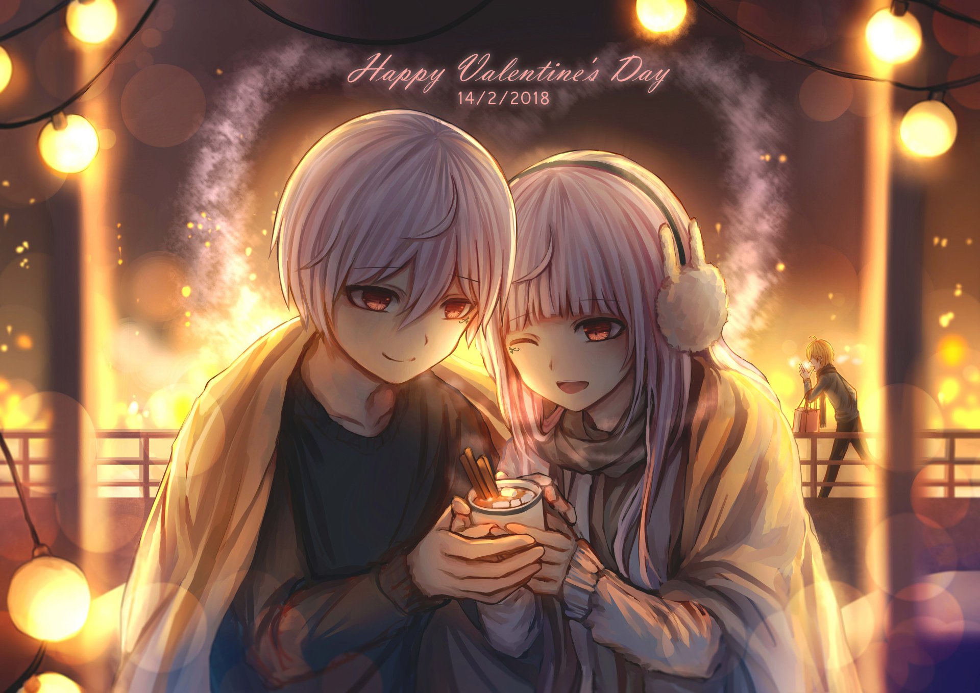 Anime-style original 4K Ultra HD desktop wallpaper depicting a cozy Valentine's Day scene with two characters sharing warmth by a glowing lantern.