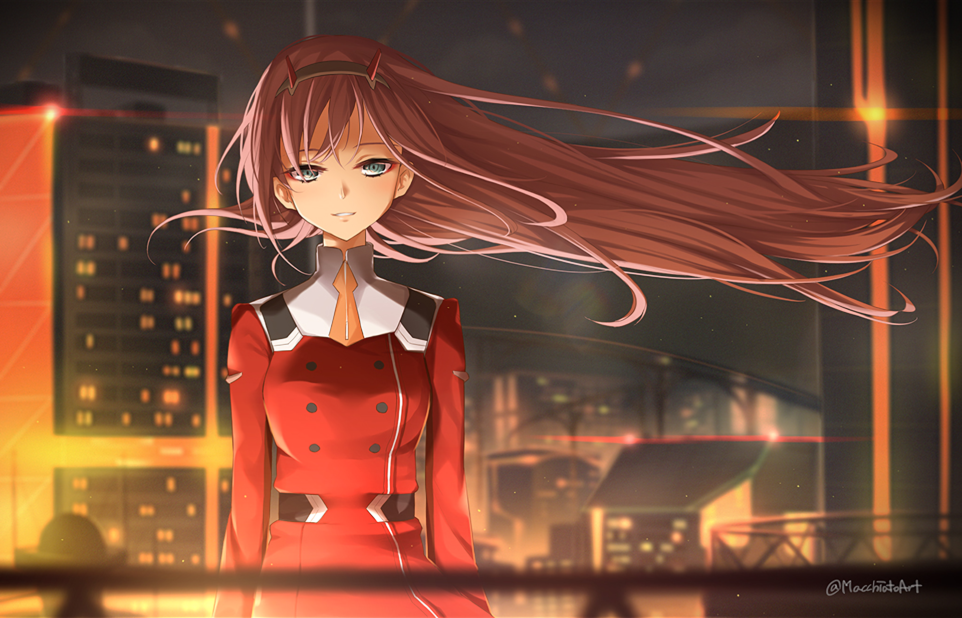 HD desktop wallpaper featuring Zero Two from the anime Darling in the FranXX, standing with flowing hair against a city nightscape.