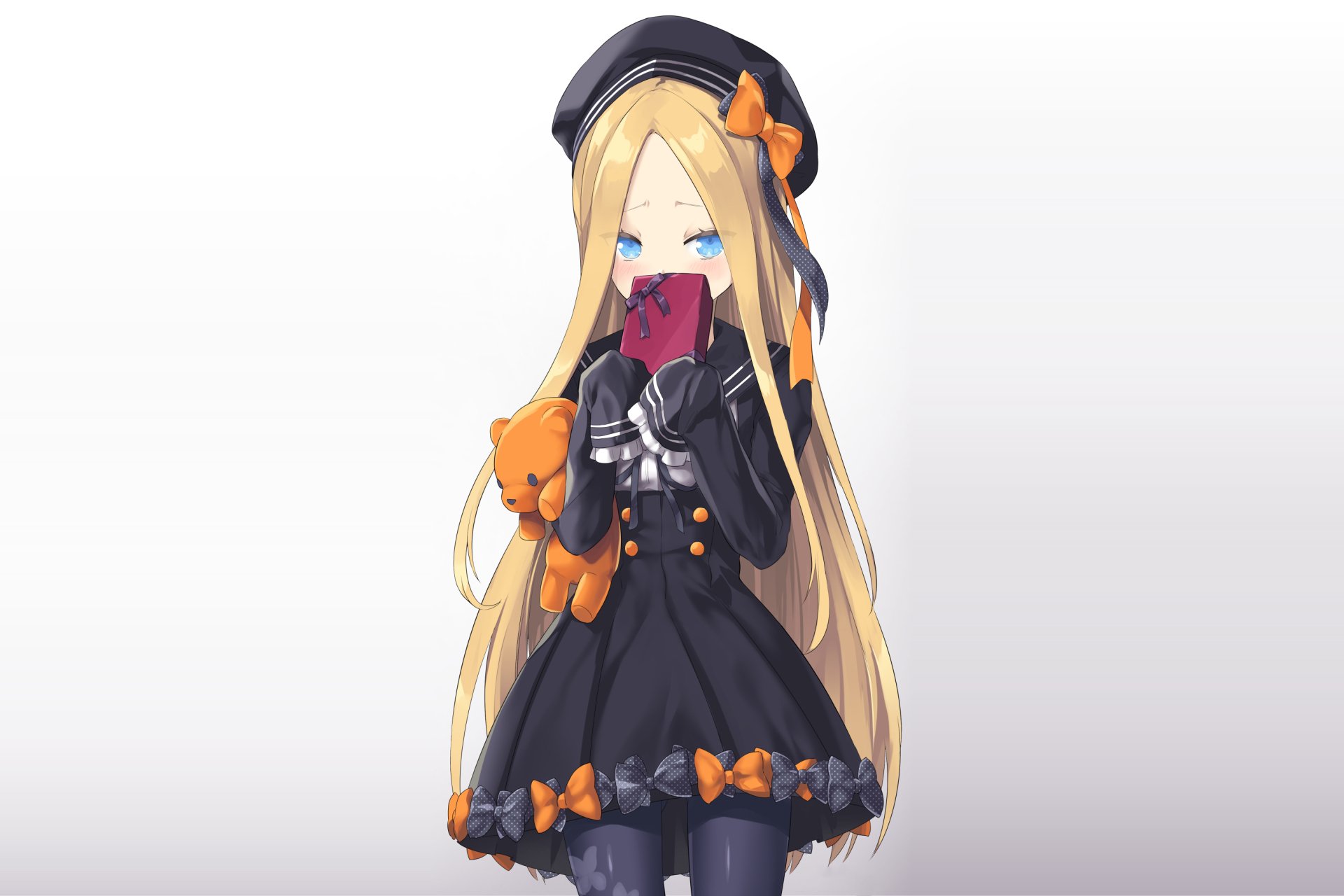 HD PC desktop wallpaper featuring Abigail Williams from Fate/Grand Order in anime style, wearing a black dress with orange accents and holding a card near her face.