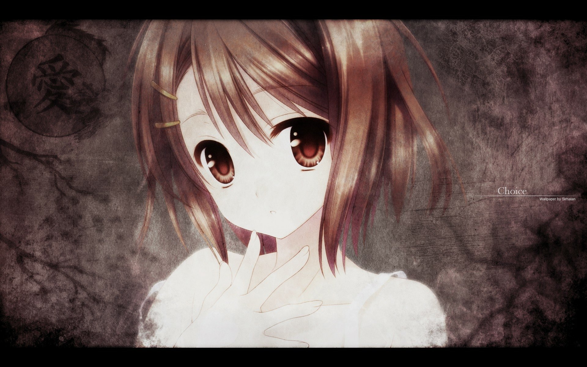 HD PC desktop wallpaper of Yui Hirasawa from the K-ON! anime — soft close-up portrait with large brown eyes, hand at her chest, set against a muted grunge background.