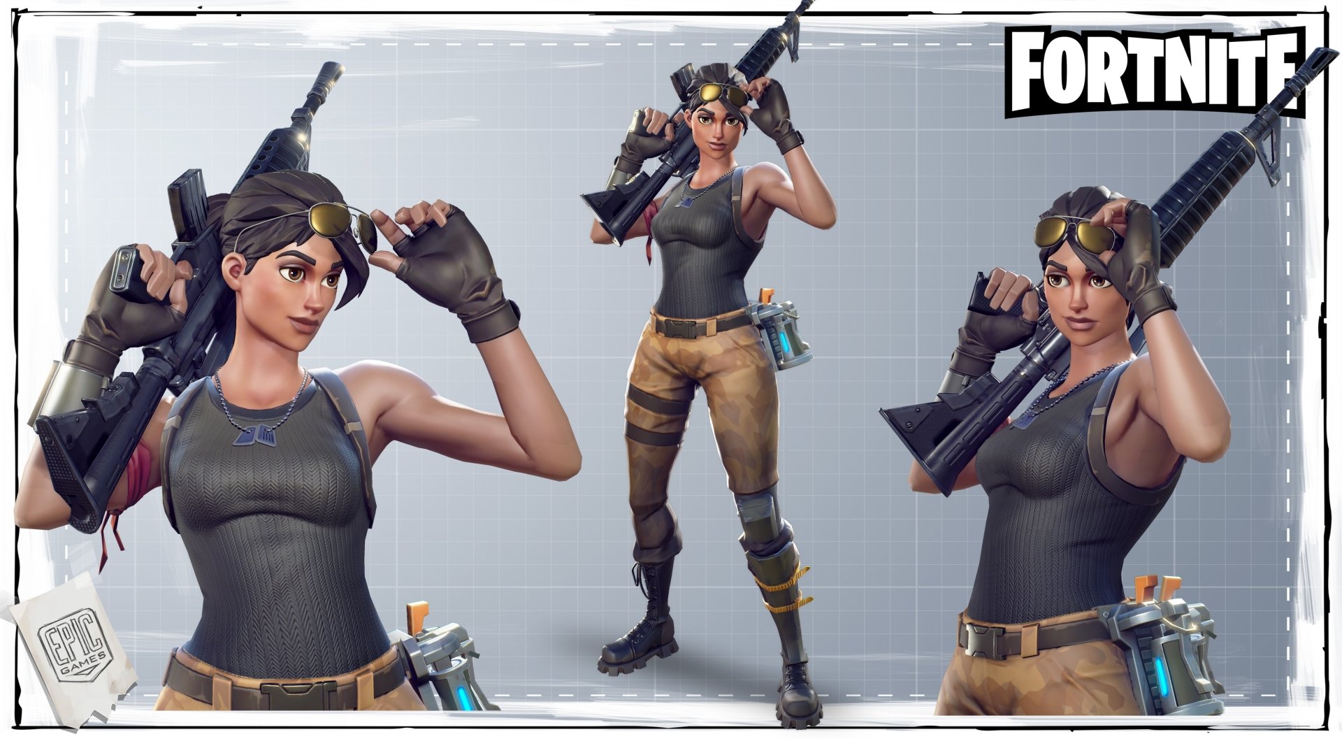 4K Ultra HD Fortnite PC wallpaper featuring a female character in tactical gear holding a weapon, set against a clean background with the Fortnite logo.