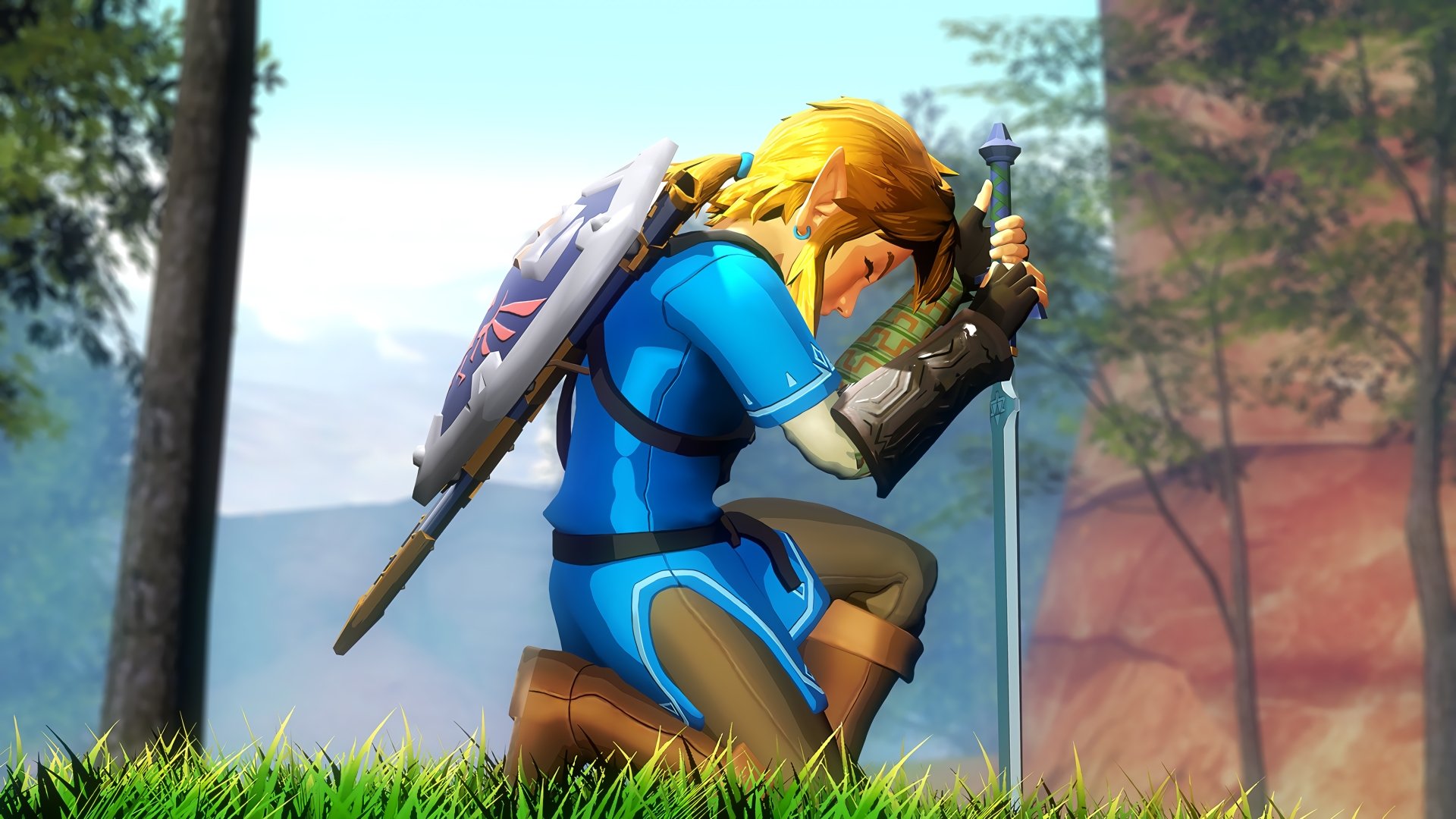 Link from The Legend of Zelda: Breath of the Wild kneels on grass, gripping his sword and shield, set against a natural outdoor background in this 4K Ultra HD video game wallpaper.