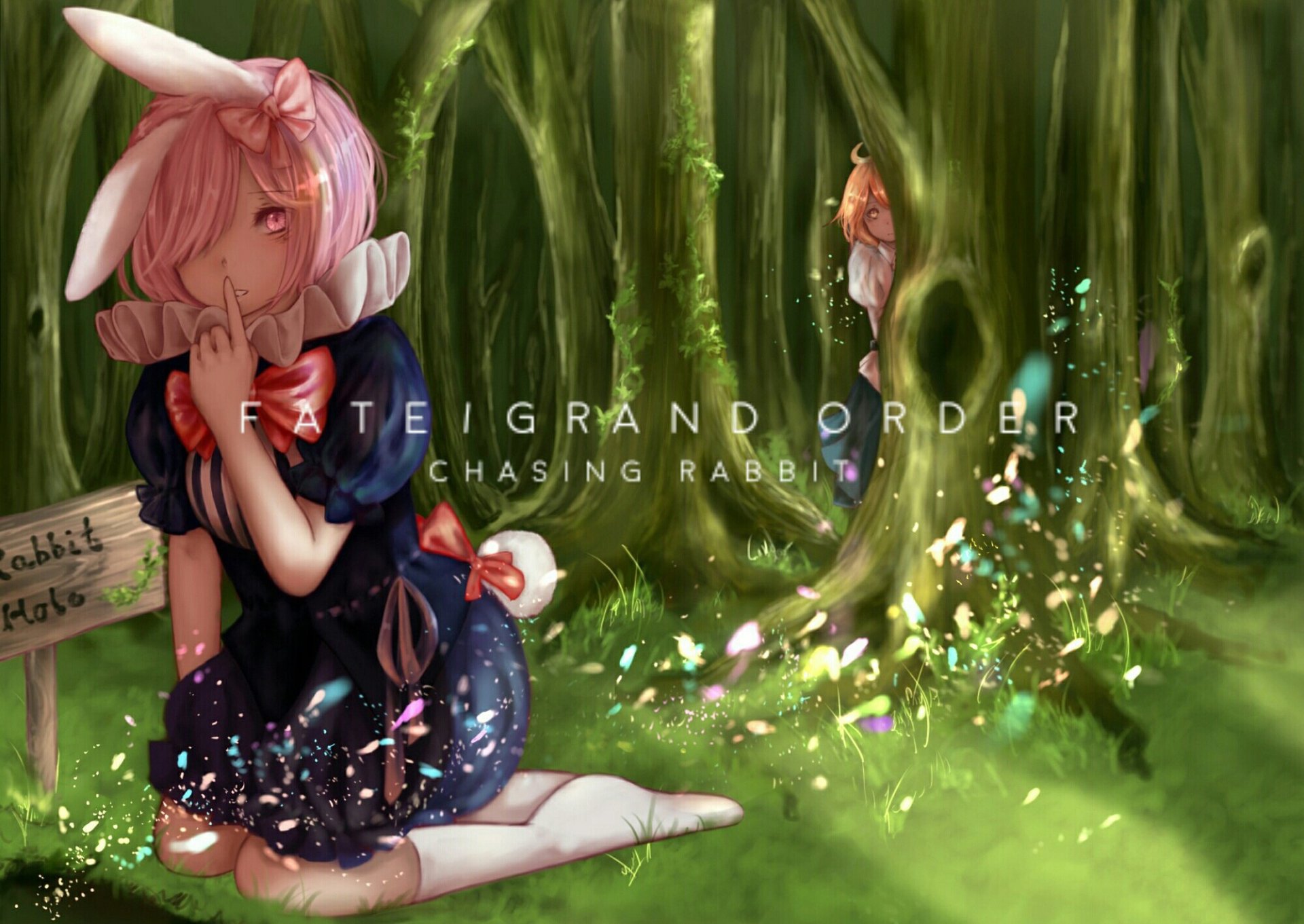 HD PC desktop wallpaper featuring Mashu Kyrielight from the anime Fate/Grand Order in a forest setting with glowing light effects and the title Chasing Rabbit.