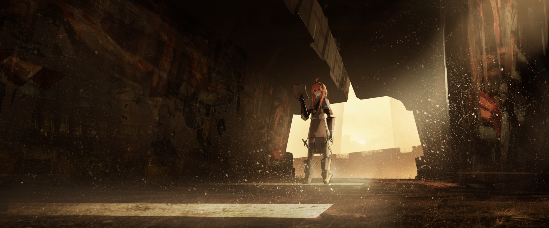 A high-definition anime wallpaper features an original character in a futuristic, post-apocalyptic setting, standing amidst scattered debris in a dimly lit environment with light streaming in from the background.