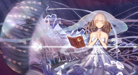 HD anime original desktop wallpaper featuring a serene girl in a flowing dress surrounded by mystical light and jellyfish-like creatures in a dreamlike underwater scene.