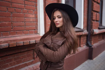 blue eyes long hair brunette hat coat model woman Veronika Avdeeva HD Desktop Wallpaper | Background Image