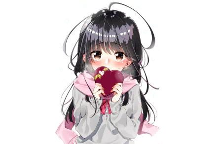 Anime-style original HD desktop wallpaper of a girl with long black hair holding a heart-shaped object, dressed in a pink scarf and gray outfit on a white background.