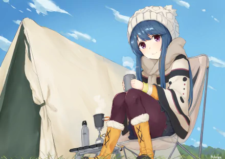 An anime girl with blue hair and purple eyes, sitting by a tent, holding a cup. She wears a hat, scarf, skirt, pantyhose, and boots, and smiles warmly. Scene is from Laid-Back Camp, a HD wallpaper.