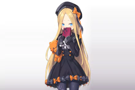 HD PC desktop wallpaper featuring Abigail Williams from Fate/Grand Order in anime style, wearing a black dress with orange accents and holding a card near her face.