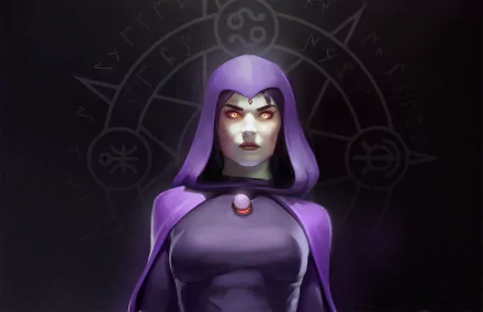 HD desktop wallpaper featuring Raven from DC Comics. The character stands confidently in her iconic purple cloak with a mystical background, embodying her enigmatic and powerful presence.