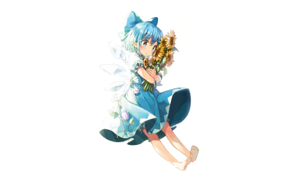 HD PC desktop wallpaper featuring Cirno from Touhou in vibrant anime style, holding sunflowers with a bright, clean background.