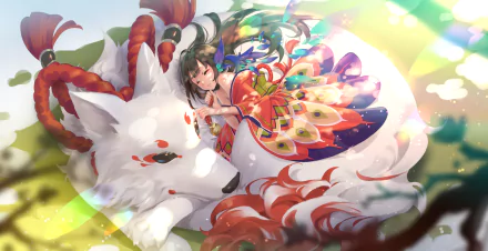 A vibrant anime scene featuring a girl in a colorful dress resting beside a large white fox. This HD wallpaper showcases intricate details and a lush, magical atmosphere.