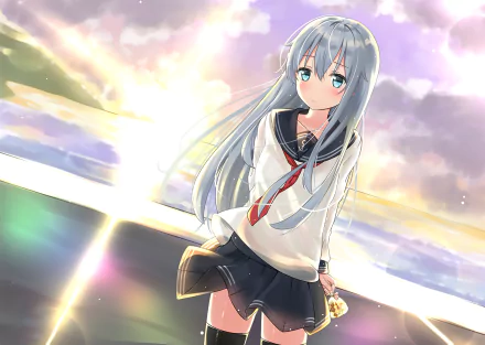 Hibiki (Kancolle) from Kantai Collection — anime HD PC desktop wallpaper of a silver‑haired girl in a sailor uniform standing on a ship deck at sunset, glowing sky and reflective sea.