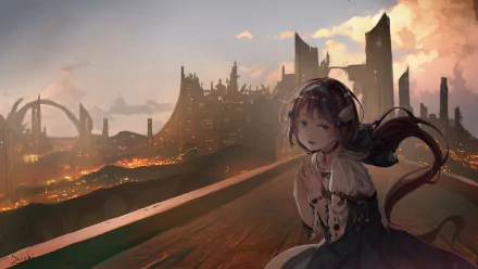 HD anime original wallpaper featuring a girl with long hair and headphones overlooking a glowing, futuristic cityscape at dusk.