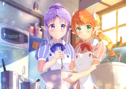 2K Quad HD PC wallpaper: anime of Circe (Fate/Grand Order) and Medea (Fate Series) in aprons, baking together in a sunlit kitchen.