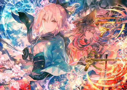 HD desktop wallpaper of Saber and Sakura Saber from the Fate Series and Fate/Grand Order anime, featuring vibrant colors and intricate details.
