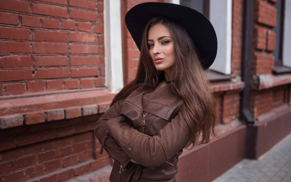 blue eyes long hair brunette hat coat model woman Veronika Avdeeva HD Desktop Wallpaper | Background Image