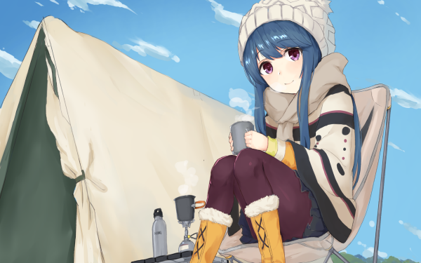 Anime Laid-Back Camp Rin Shima Smile Hat Chair Cup Boots Pantyhose Skirt Scarf Long Hair Purple Eyes Blue Hair Tent HD Wallpaper | Background Image