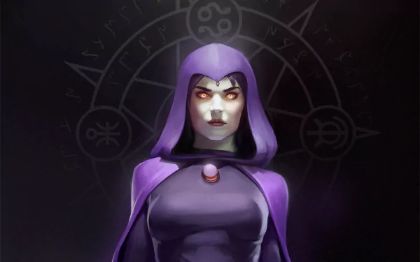 HD desktop wallpaper featuring Raven from DC Comics. The character stands confidently in her iconic purple cloak with a mystical background, embodying her enigmatic and powerful presence.