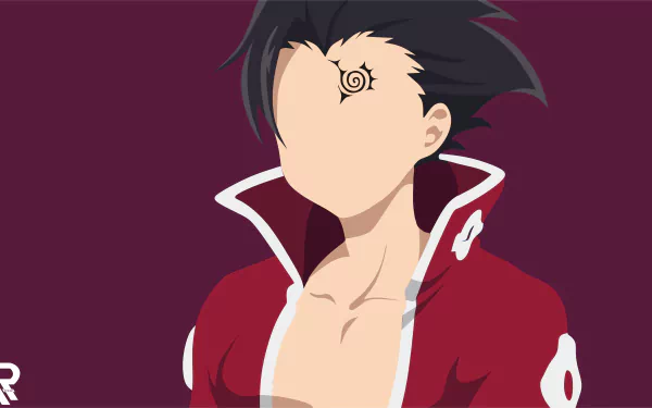 HD minimalist desktop wallpaper of Zeldris from the anime The Seven Deadly Sins. Features his iconic black hair and tattoo with a maroon background.