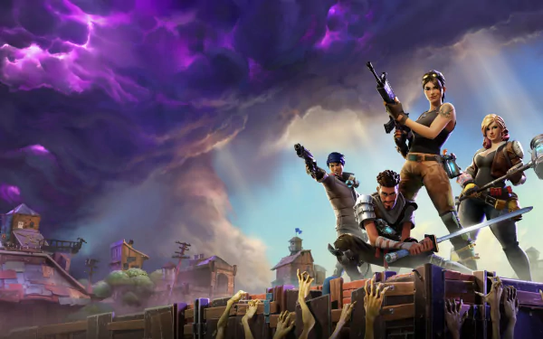 HD desktop wallpaper of Fortnite featuring characters ready for action against a dramatic, stormy backdrop, with hands reaching up from below.