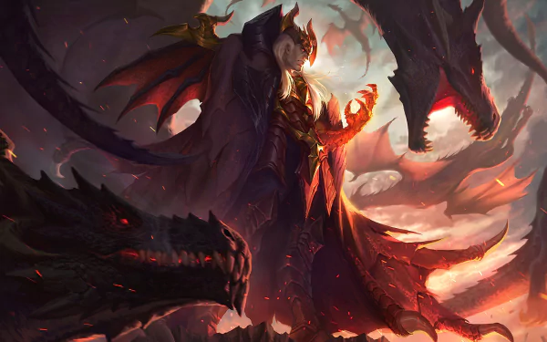 Swain from League of Legends stands powerfully surrounded by fierce dragon-like creatures in this HD desktop wallpaper. The captivating art showcases a dramatic and intense moment from the video game.